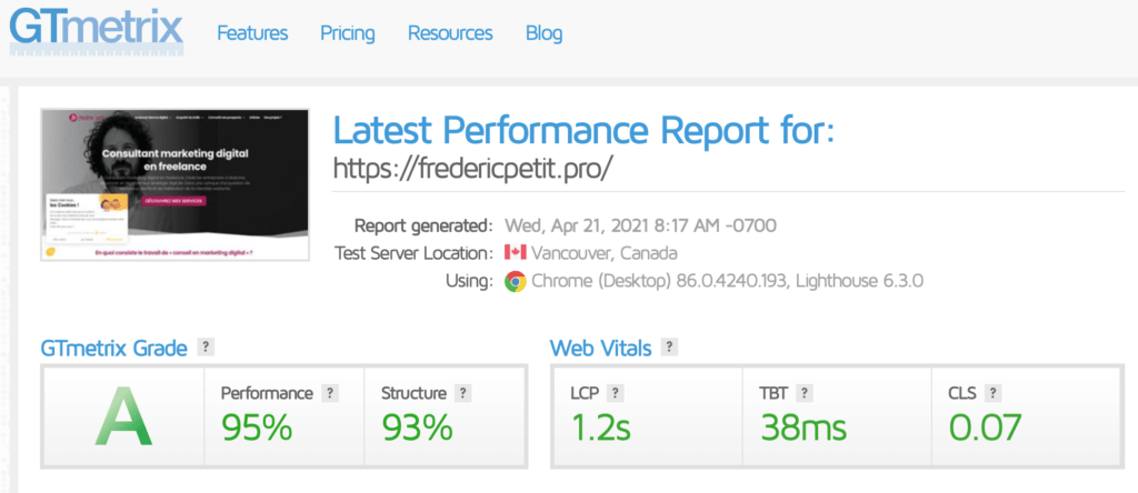 Analyse de la vitesse d'un site web avec Gtmetrix
