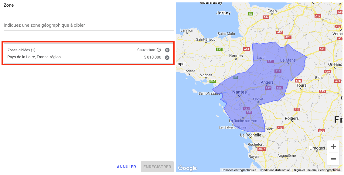 Sélection d'une zone géographique avec Google Ads