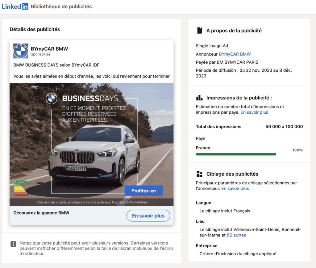 Campagne de BMW sur LinkedIn