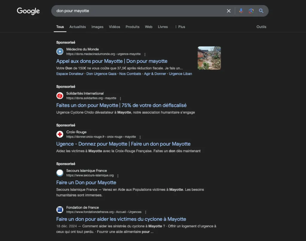Exemple Google Ads Grant pour un don pour Mayotte